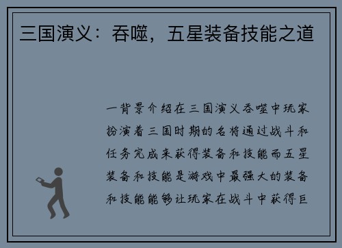 三国演义：吞噬，五星装备技能之道